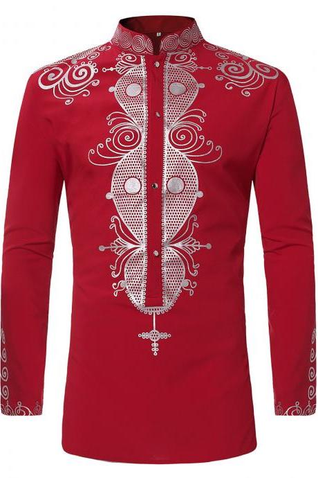 Men African Printed Shirt Stand Collar Tribal Ethnic Casual Slim Fit Long Sleeve Shirt red