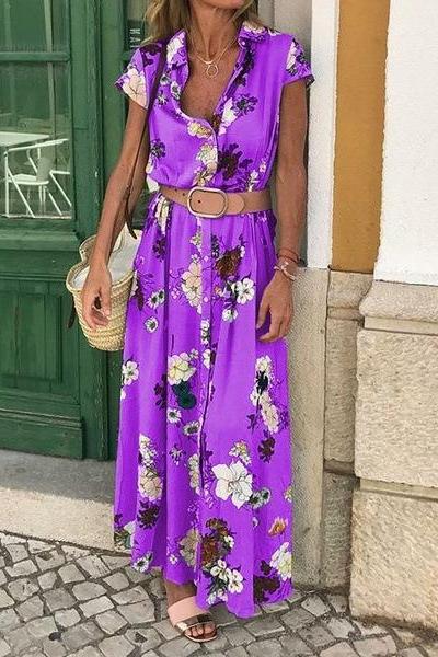 Women Maxi Dress V Neck Short Sleeve Casual Summer Boho Floral Printed Long Beach Dress purple