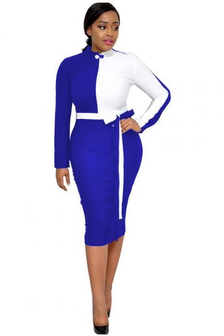  Women Pencil Dress Patchwork Color Long Sleeve Casual Work Office Slim Midi Bodycon Party Dress blue