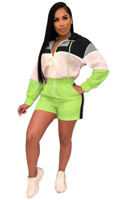 Women Jumpsuit Patchwork Color Long Sleeve Zipper Loose Summer Shorts Rompers Overalls green