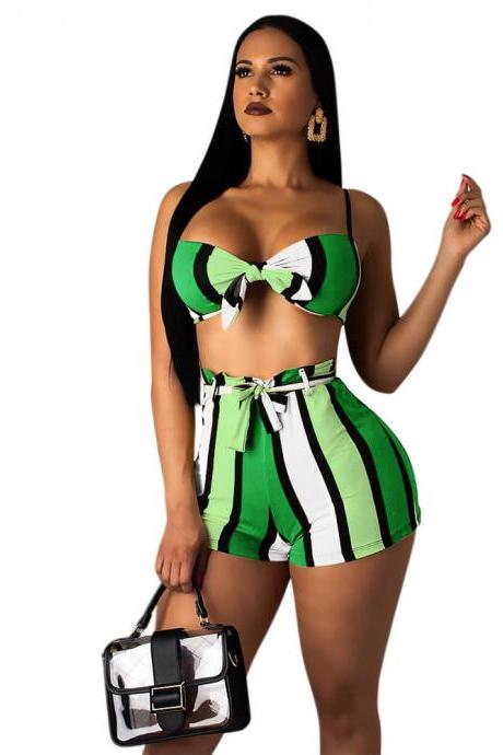 Women Two Pieces Set Bikini Bra Top+shorts Summer Striped Casual Beach Club Party Outfits Green