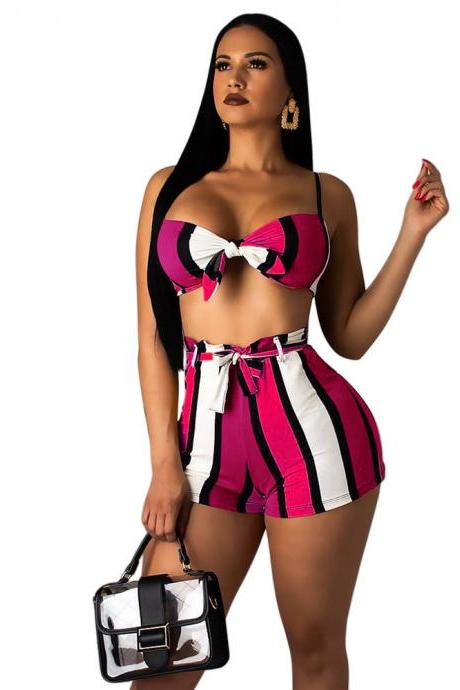 Women Two Pieces Set Bikini Bra Top+shorts Summer Striped Casual Beach Club Party Outfits Hot Pink