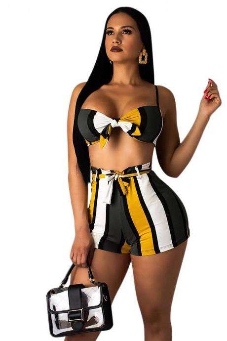 Women Two Pieces Set Bikini Bra Top+shorts Summer Striped Casual Beach Club Party Outfits Yellow