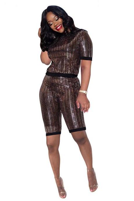 Women Tracksuit Short Sleeve T Shirt + Summer Shorts Sequined Two Piece Set Night Club Party Outfits Brown
