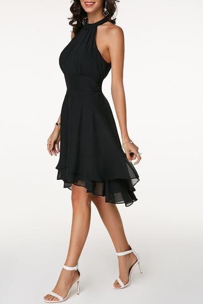 Women Asymmetrical Dress Chiffon Halter Sleeveless Summer Beach Casual Mini Party Dress black