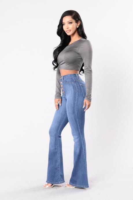 Women Jeans Pants Buttons High Waist Streetwear Casual Butt Lifting Skinny Denim Flare Trousers light blue