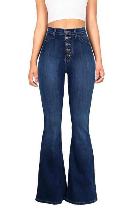 Women Jeans Pants Buttons High Waist Streetwear Casual Butt Lifting Skinny Denim Flare Trousers dark blue