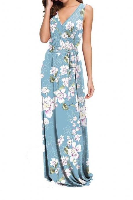 Women Floral Printed Maxi Dress V Neck Sleeveless Summer Beach Boho Casual Long Party Dress 6#