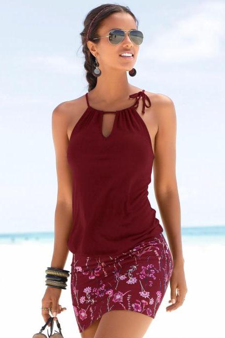Women Casual Dress Summer Sleeveless Floral Printed Patchwork Sheath Boho Beach Mini Sundress wine red