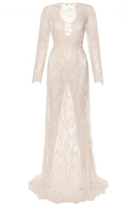 Women Perspective Lace Dress Sexy V Neck Long Sleeve Plus Size Maxi Long Party Prom Dress apricot