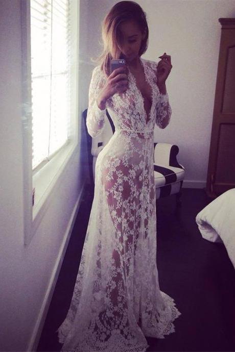 Women Perspective Lace Dress Sexy V Neck Long Sleeve Plus Size Maxi Long Party Prom Dress white