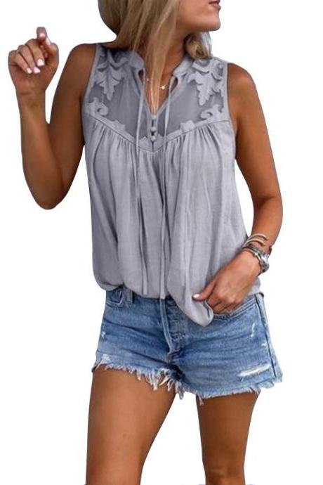 Women Tank Tops Summer Beach Casual Loose Vest V-Neck Patchwork Plus Size Sleeveless T-Shirt gray