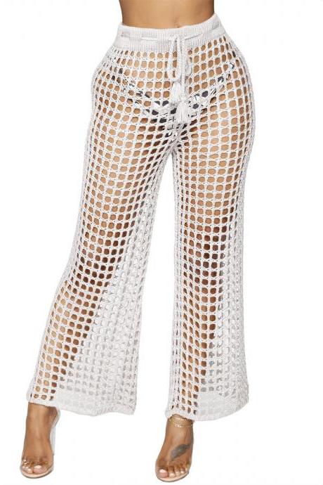 Women Flare Pants Drawstring High Waist Summer Beach Knitted Hollow Out Fishnet Long Casual Wide Leg Trousers White