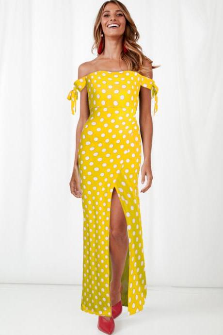 Women Polka Dot Maxi Dress Split Boho Beach Off the Shoulder Long Evening Party Dress yellow