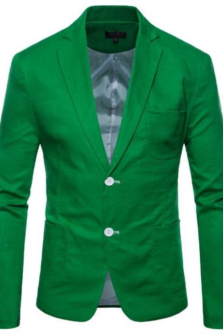  Men Blazer Coat Two Buttons Cotton Linen Long Sleeve Plus Size Slim Fit Suit Jacket green