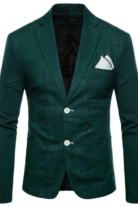  Men Blazer Coat Two Buttons Cotton Linen Long Sleeve Plus Size Slim Fit Suit Jacket hunter green