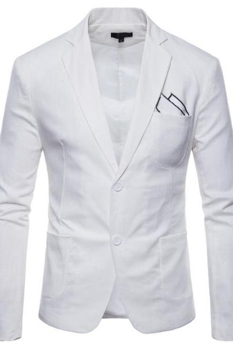 Men Blazer Coat Two Buttons Cotton Linen Long Sleeve Plus Size Slim Fit Suit Jacket White