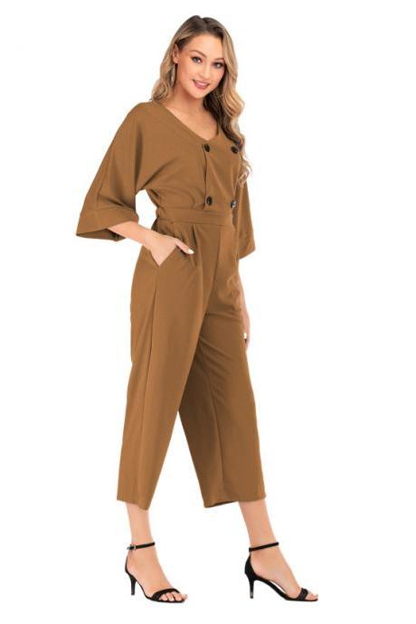  Women Wide Leg Jumpsuit Summer V-Neck Bat Half Sleeve Button Casual Loose Rompers Overalls brown