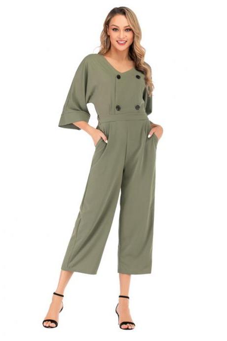  Women Wide Leg Jumpsuit Summer V-Neck Bat Half Sleeve Button Casual Loose Rompers Overalls gray-green