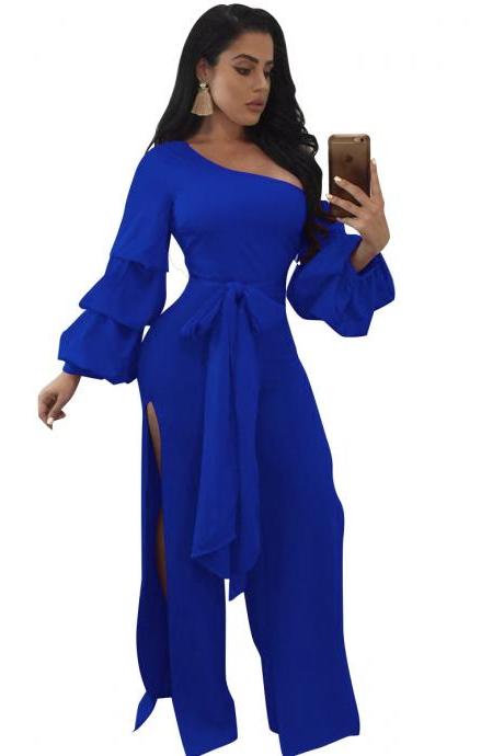  Women Jumpsuit Long Lantern Sleeve Split Side Belted Slim Casual Wide Leg Pants Rompers blue