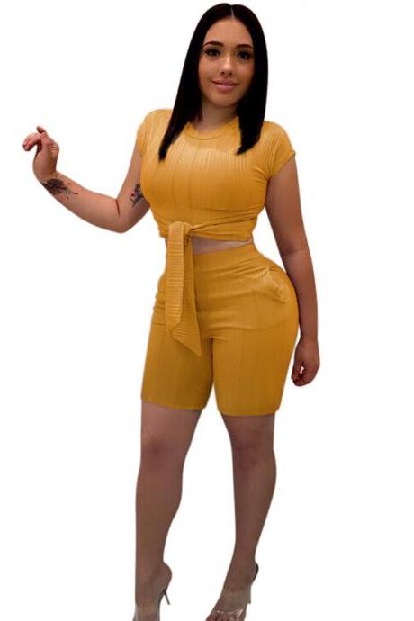  Women Tracksuit Short Sleeve Bandage Crop Tops+Bodycon Shorts Casual Summer Two Piece Sets Playsuit yellow