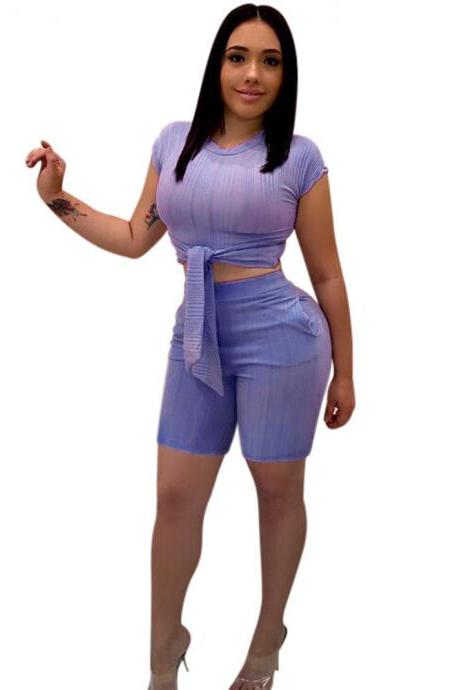  Women Tracksuit Short Sleeve Bandage Crop Tops+Bodycon Shorts Casual Summer Two Piece Sets Playsuit blue-purple