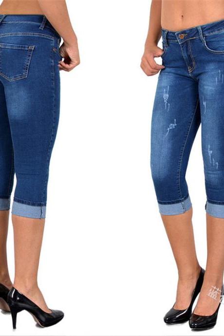 Women Jeans Summer High Waist Plus Size Slim Cropped 3/4 Trousers Stretch Skinny Denim Pencil Pants Blue