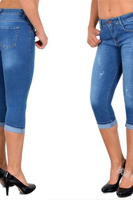  Women Jeans Summer High Waist Plus Size Slim Cropped 3/4 Trousers Stretch Skinny Denim Pencil Pants light blue