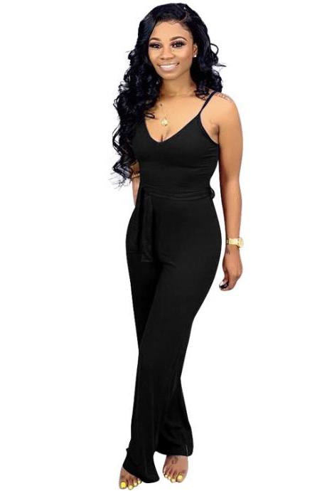  Women Jumpsuit Casual Spaghetti Strap Sleeveless Belted Long Wide Leg Pants Rompers black