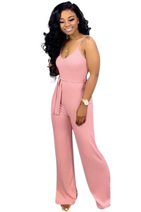  Women Jumpsuit Casual Spaghetti Strap Sleeveless Belted Long Wide Leg Pants Rompers pink