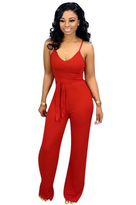 Women Jumpsuit Casual Spaghetti Strap Sleeveless Belted Long Wide Leg Pants Rompers red