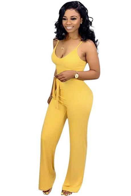 Women Jumpsuit Casual Spaghetti Strap Sleeveless Belted Long Wide Leg Pants Rompers Yellow