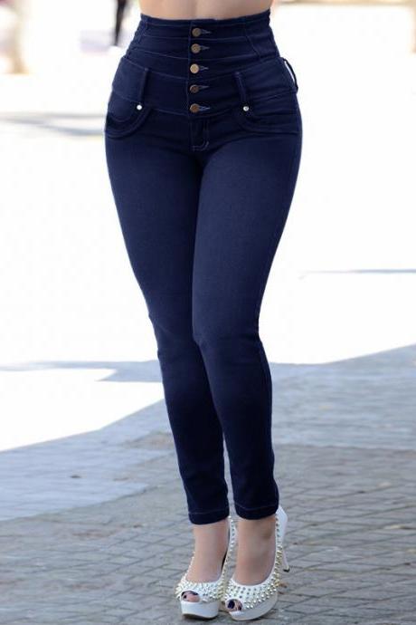  Women Skinny Jeans High Waist Pocket Plus Size Slim Denim Pencil Trousers black-blue
