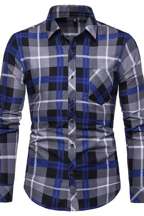  Men Plaid Shirt Turn-down Collar Long Sleeve Casual Business Slim Fit Plus Size Tops blue