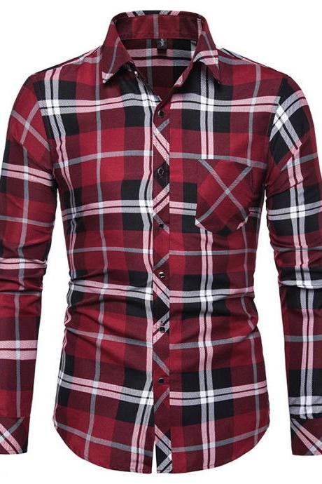 Men Plaid Shirt Turn-down Collar Long Sleeve Casual Business Slim Fit Plus Size Tops red