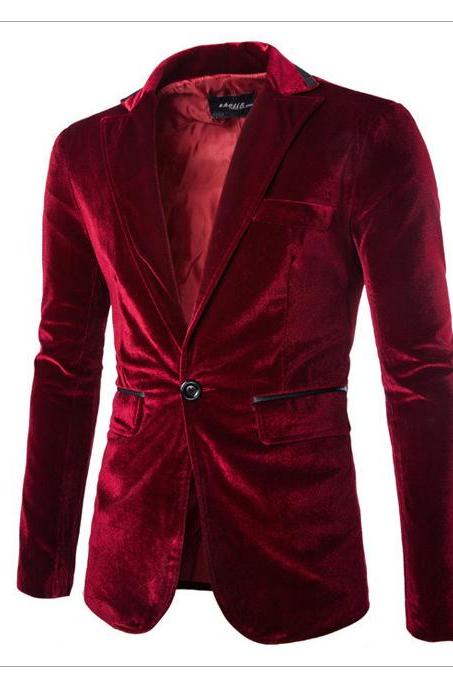  Men Corduroy Blazer Coat One Button Long Sleeve Casual Slim Fit Suit Jacket wine red