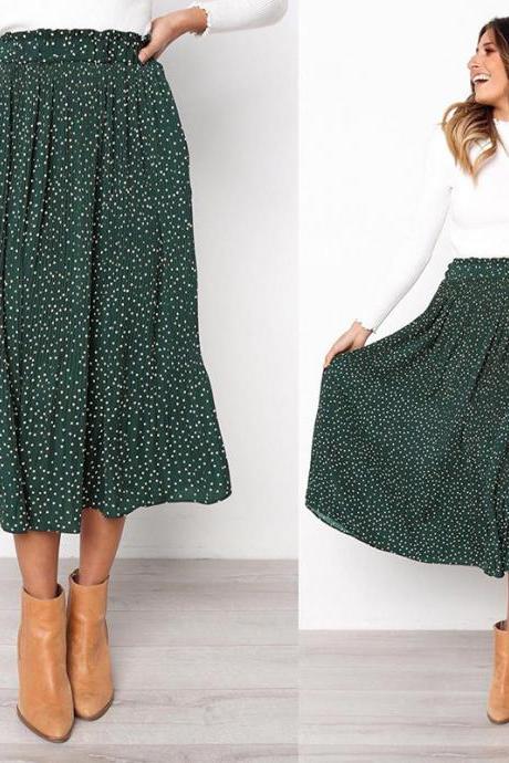 Women Polka Dot Pleated Skirt Spring Summer Pocket Elastic Waist Boho Beach Midi Long Skirt green