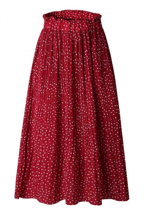  Women Polka Dot Pleated Skirt Spring Summer Pocket Elastic Waist Boho Beach Midi Long Skirt red