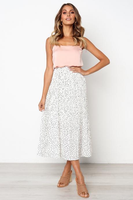 Women Polka Dot Pleated Skirt Spring Summer Pocket Elastic Waist Boho Beach Midi Long Skirt White