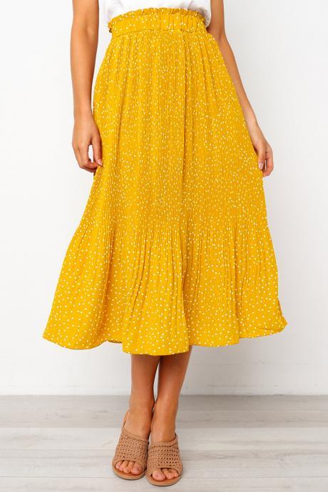 Women Polka Dot Pleated Skirt Spring Summer Pocket Elastic Waist Boho Beach Midi Long Skirt Yellow