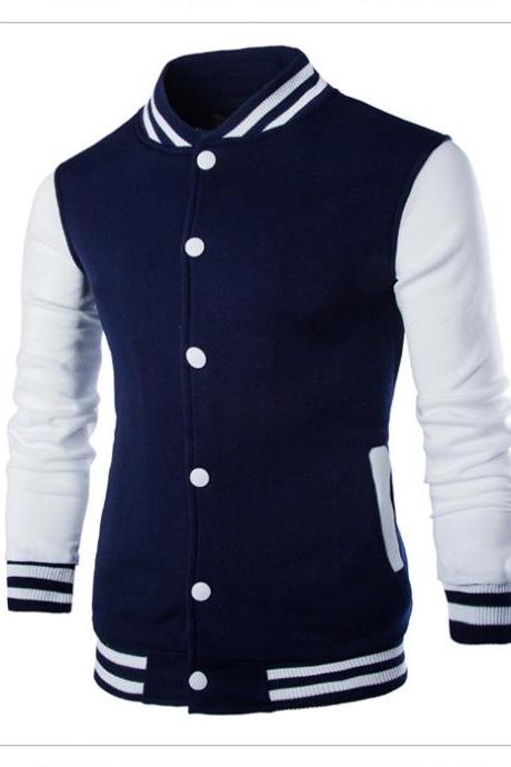 Men Baseball Coat Spring Autumn Single Breasted Long Sleeve Casual Bomber Jacket navy blue