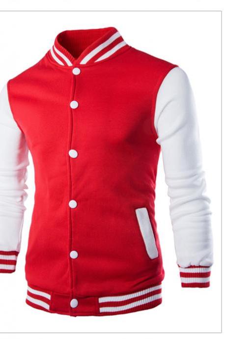 Men Baseball Coat Spring Autumn Single Breasted Long Sleeve Casual Bomber Jacket red