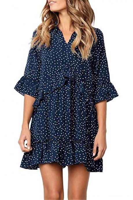 Women Polka Dot Dress V Neck Flare Half Sleeve Ruffles Summer Beach Casual Mini Dress navy blue