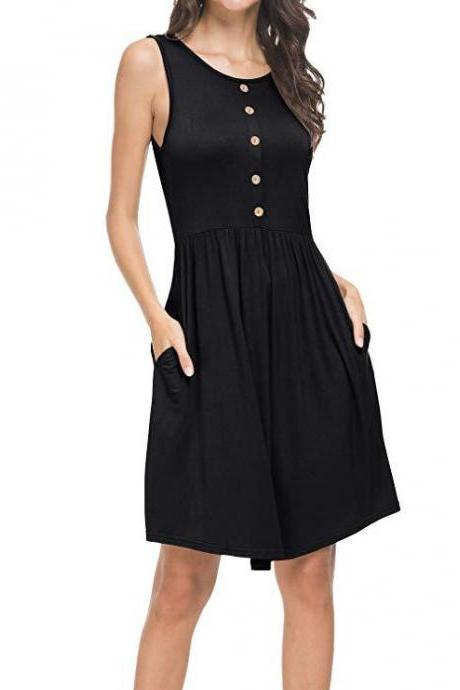 Women Causal Dress Button O-neck Sleeveless Pockets Summer Beach Sundress Black