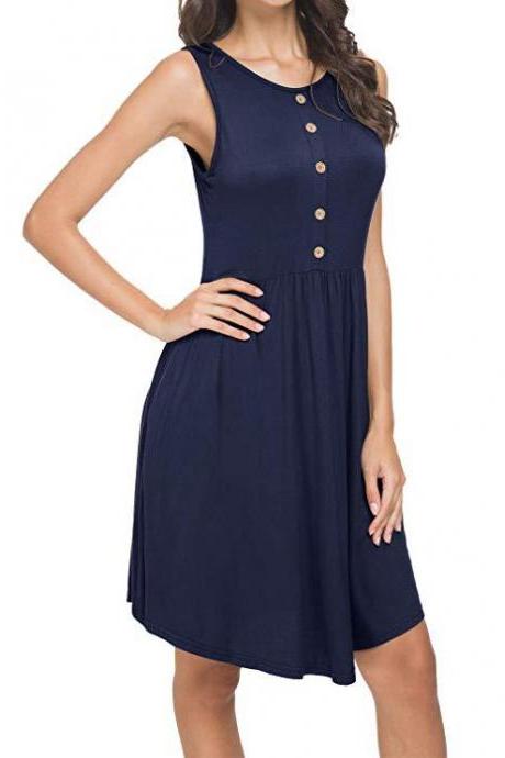 Women Causal Dress Button O-Neck Sleeveless Pockets Summer Beach Sundress navy blue