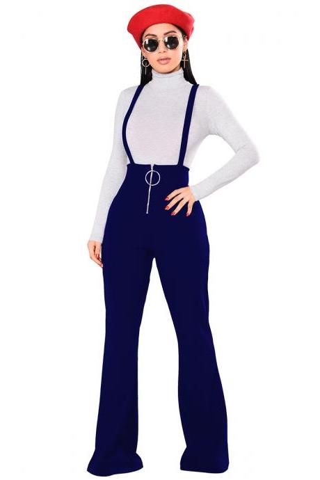 Women Flare Pants High Waist Front Zipper Metal Circle Long Casual Spaghetti Strap Wide Leg Trousers royal blue