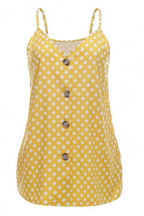  Women Polka Dot Tank Tops Spaghetti Strap Button Summer Casual Vest Sleeveless T Shirt yellow
