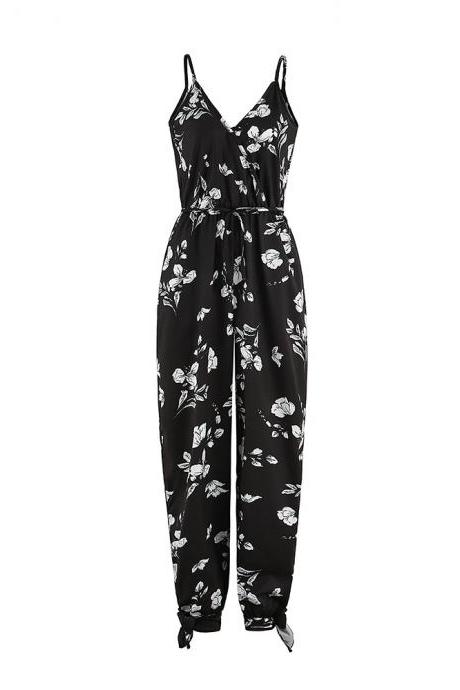 Women Jumpsuit V Neck Spaghetti Strap Sleeveless Casual Summer Long Pants Rompers floral black