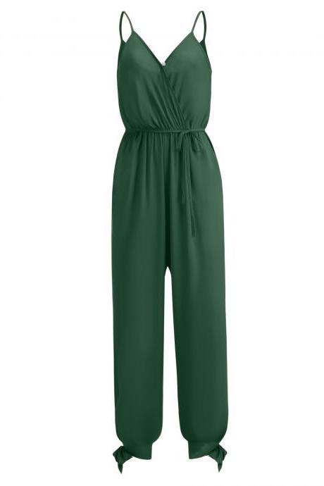 Women Jumpsuit V Neck Spaghetti Strap Sleeveless Casual Summer Long Pants Rompers green