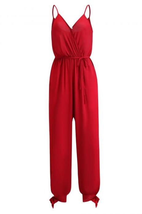 Women Jumpsuit V Neck Spaghetti Strap Sleeveless Casual Summer Long Pants Rompers red